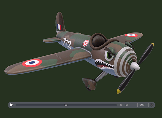 A green, camouflaged, French WWII personified toy plane with frowning eyes and shark teeth in a lightweight 3D viewer with a simple control bar at the bottom to play animations and switch material variants.